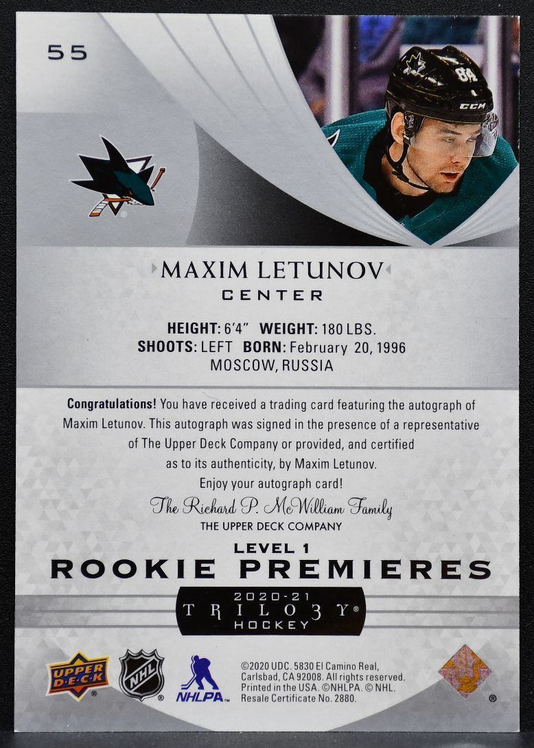 2020-21 UD Trilogy Rookie Permieres lvl1 Maxim Letunov RC Auto 344/399 9497