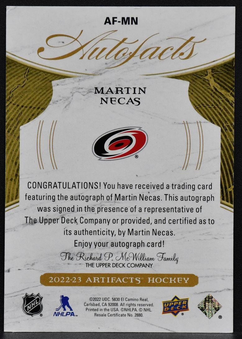 2022-23 UD Artifacts Auto Facts Martin Necas AF-MN Carolina Hurricanes Auto
