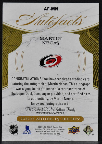 2022-23 UD Artifacts Auto Facts Martin Necas AF-MN Carolina Hurricanes Auto