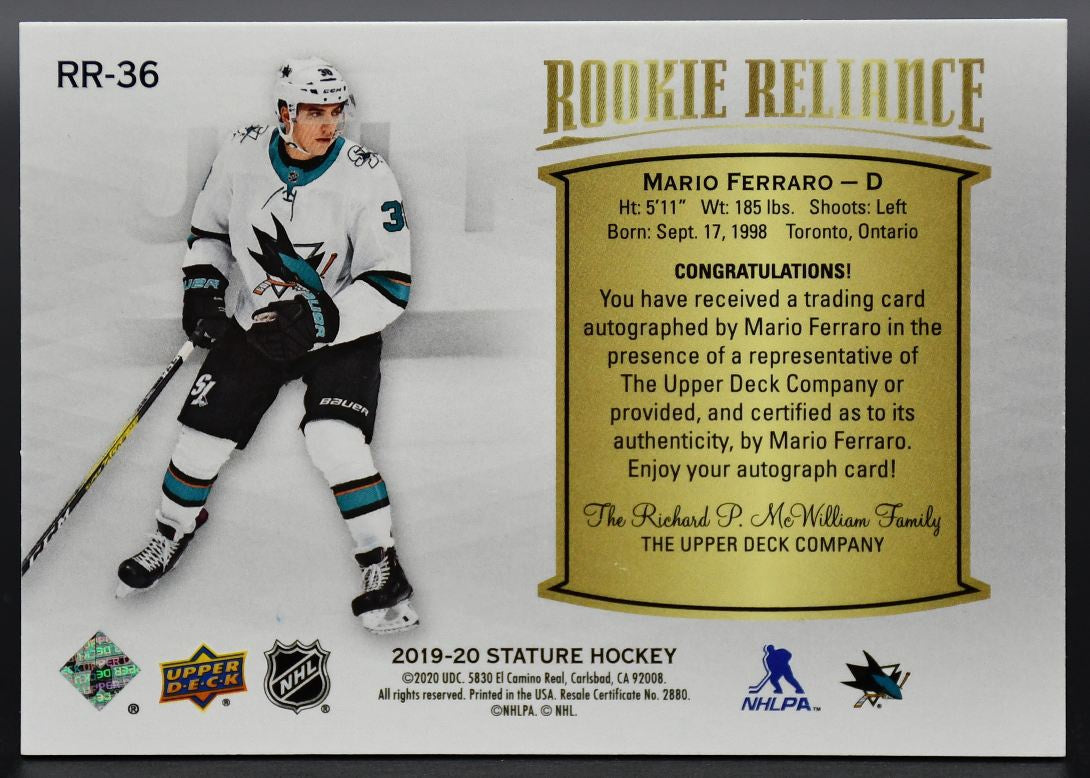 2019-20 UD Stature Rookie Reliance Autograph Mario Ferraro RR-36 RC Auto