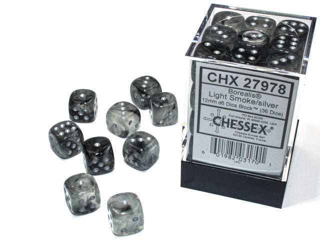 Borealis 36 * D6 Light Smoke / Silver 12mm Luminary Chessex Dice (CHX27978)