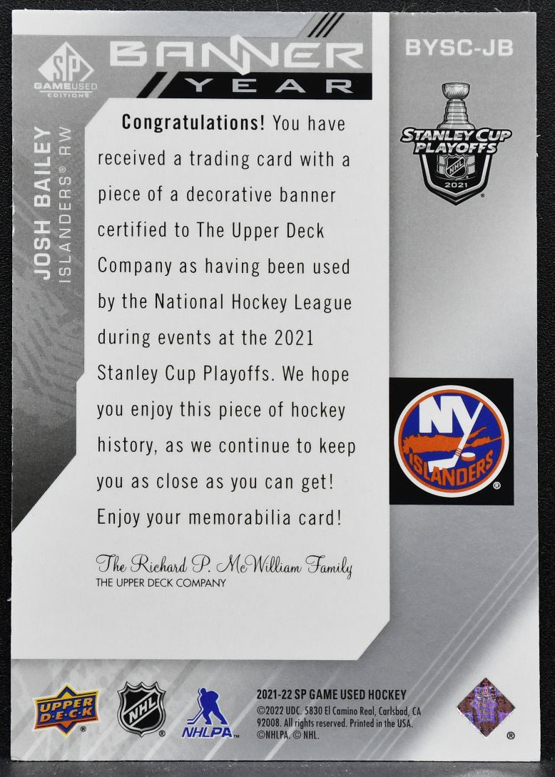 2021-22 SPGU 2021 NHL Stanley Cup Playoffs Banner Year Relics Bailey Jersey 3895