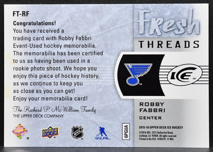 2015-16 Upper Deck Ice Fresh Threads Robby Fabbri FT-RF Blues RC Jersey 5265