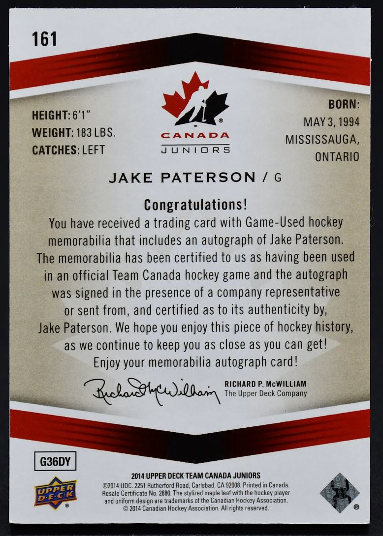 2014-15 UD Team Canada Juniors Game Worn Auto Patch Paterson Auto 028/199 Patch