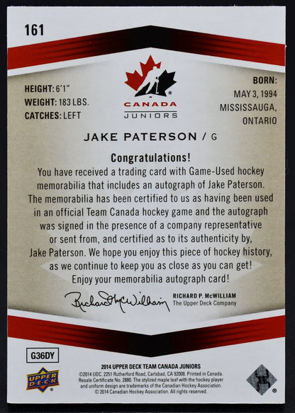 2014-15 UD Team Canada Juniors Game Worn Auto Patch Paterson Auto 028/199 Patch