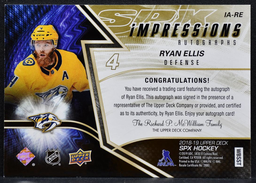 2018-19 SPx Impressions Autographs Ryan Ellis IA-RE Predators Auto 115/249 2466