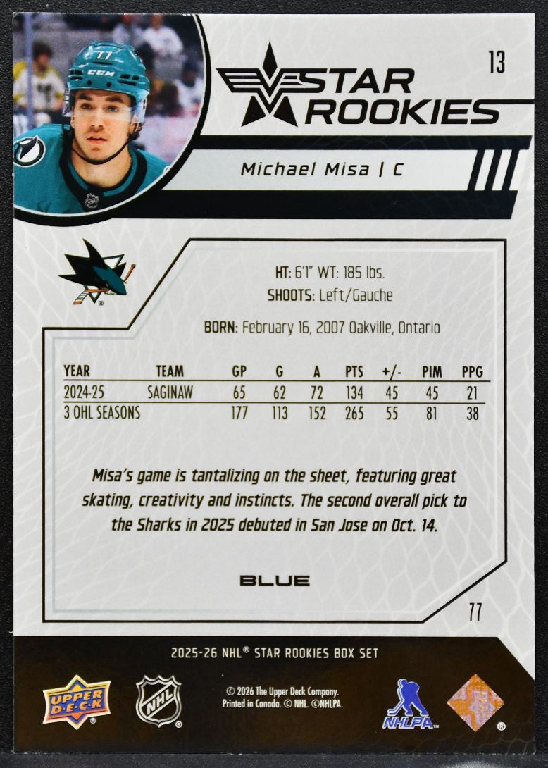 2025-26 Upper Deck NHL Star Rookies Box Set Blue Michael Misa 13 Sharks RC 6159