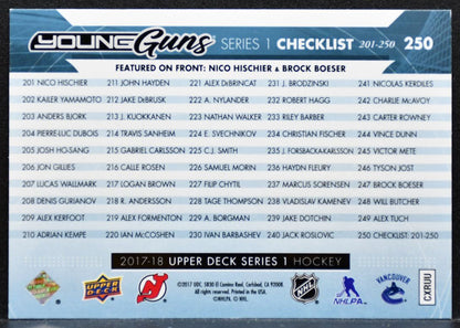 2017-18 UD Series 1 Checklist Young Guns Hischier/Boeser Devils/Canucks RC 8352