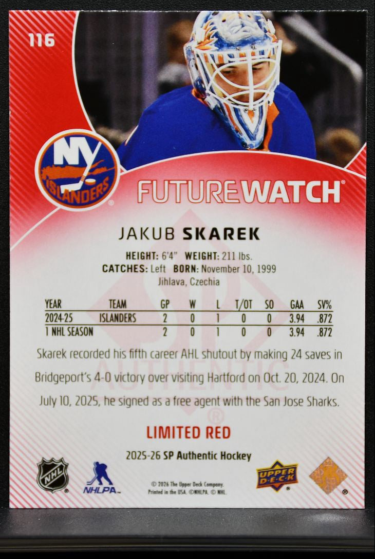 2025-26 SP Authentic Future Watch Limited Red Jakub Skarek 116 Islanders RC 8457