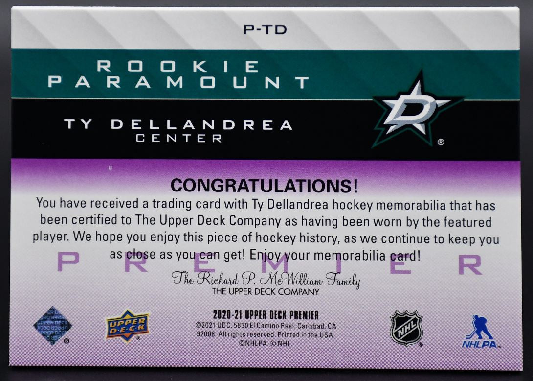 2020-21 UD Premier Ty Dellandrea P-TD Dallas Stars RC 03/35 Patch