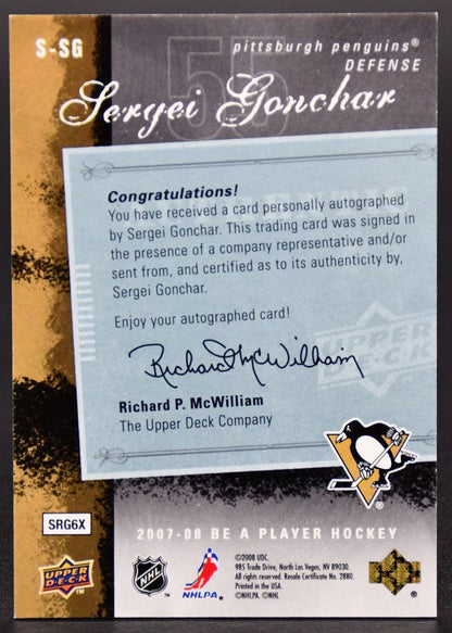 Carte autographiée Sergei Gonchar S-SG Pittsburgh Penguins, saison 2007-2008, collection « Be a Player ».