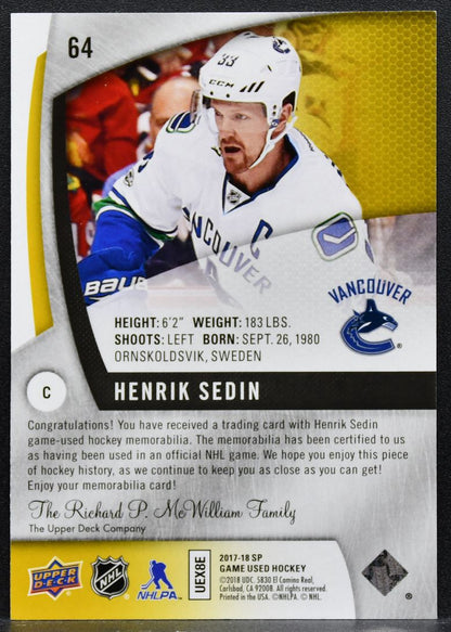 2017-18 SP Game Used Jersey Henrik Sedin 64 Vancouver Canucks Jersey 1870
