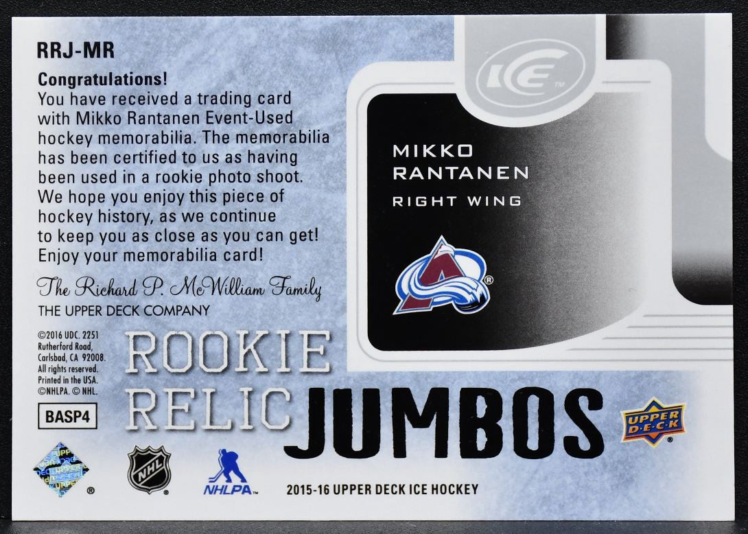 2015-16 Upper Deck Ice Rookie Relic Jumbos Mikko Rantanen RC 228/299 Jersey 8555
