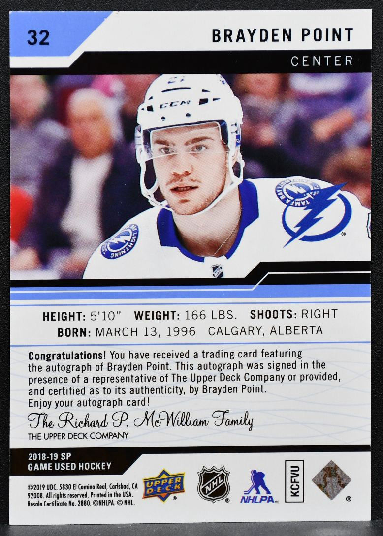 2018-19 SP Game Used Blue Autographs Brayden Point 32 Lightning Auto 1960