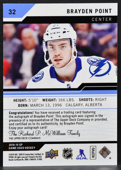 2018-19 SP Game Used Blue Autographs Brayden Point 32 Lightning Auto 1960