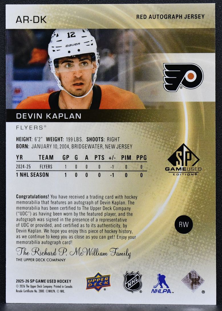 2025-26 SP Game Used Red Auto Jersey Devin Kaplan RC Auto 027/149 Jersey 6940