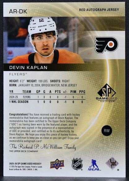 2025-26 SP Game Used Red Auto Jersey Devin Kaplan RC Auto 027/149 Jersey 6940