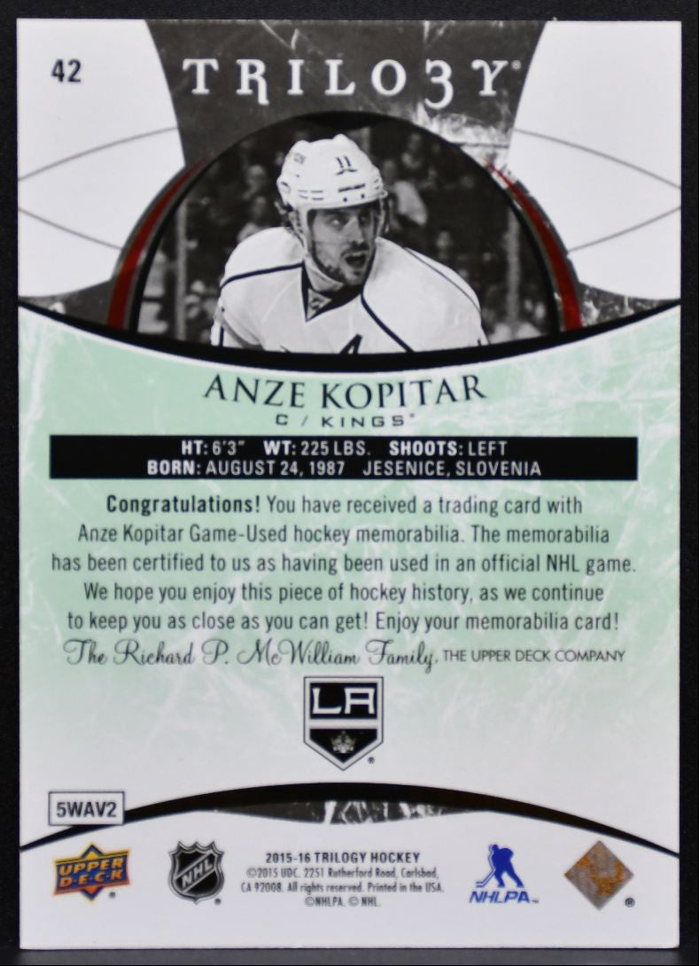 2015-16 UD Trilogy Rainbow Foil Green Anze Kopitar 42 Kings 002/106 Jersey 5142