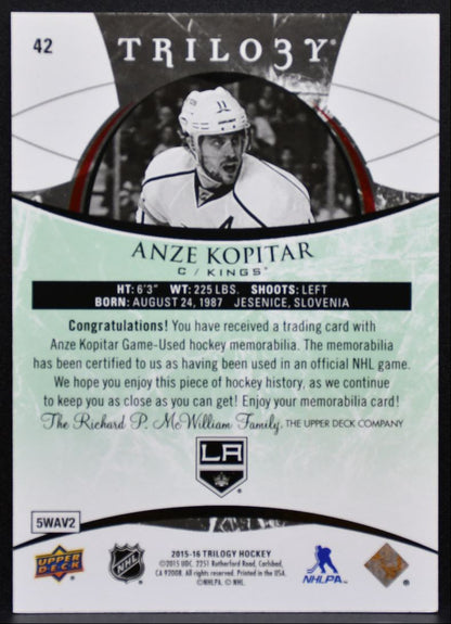 2015-16 UD Trilogy Rainbow Foil Green Anze Kopitar 42 Kings 002/106 Jersey 5142