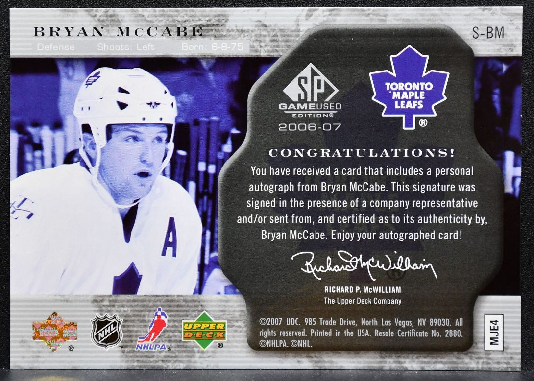 2006-07 SP Game Used SIGnificance Bryan McCabe S-BM Maple Leafs Auto 13/50 2541