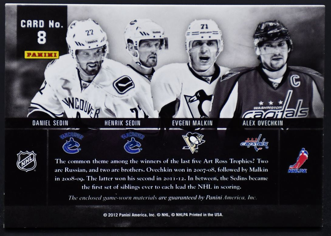 2011-12 Panini Prime Quads Jerseys Ovechkin/Sedin/Malkin/Sedin 8 10/75 Jersey