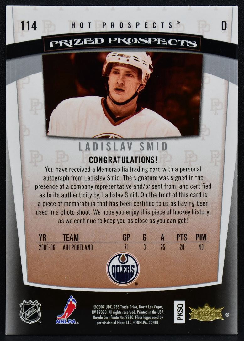 2006-07 Fleer Hot Prospects Ladislav Smid 114 Edmonton Oilers RC Auto Patch 2834