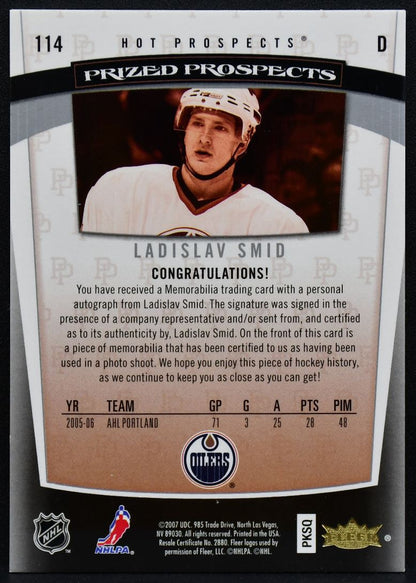2006-07 Fleer Hot Prospects Ladislav Smid 114 Edmonton Oilers RC Auto Patch 2834