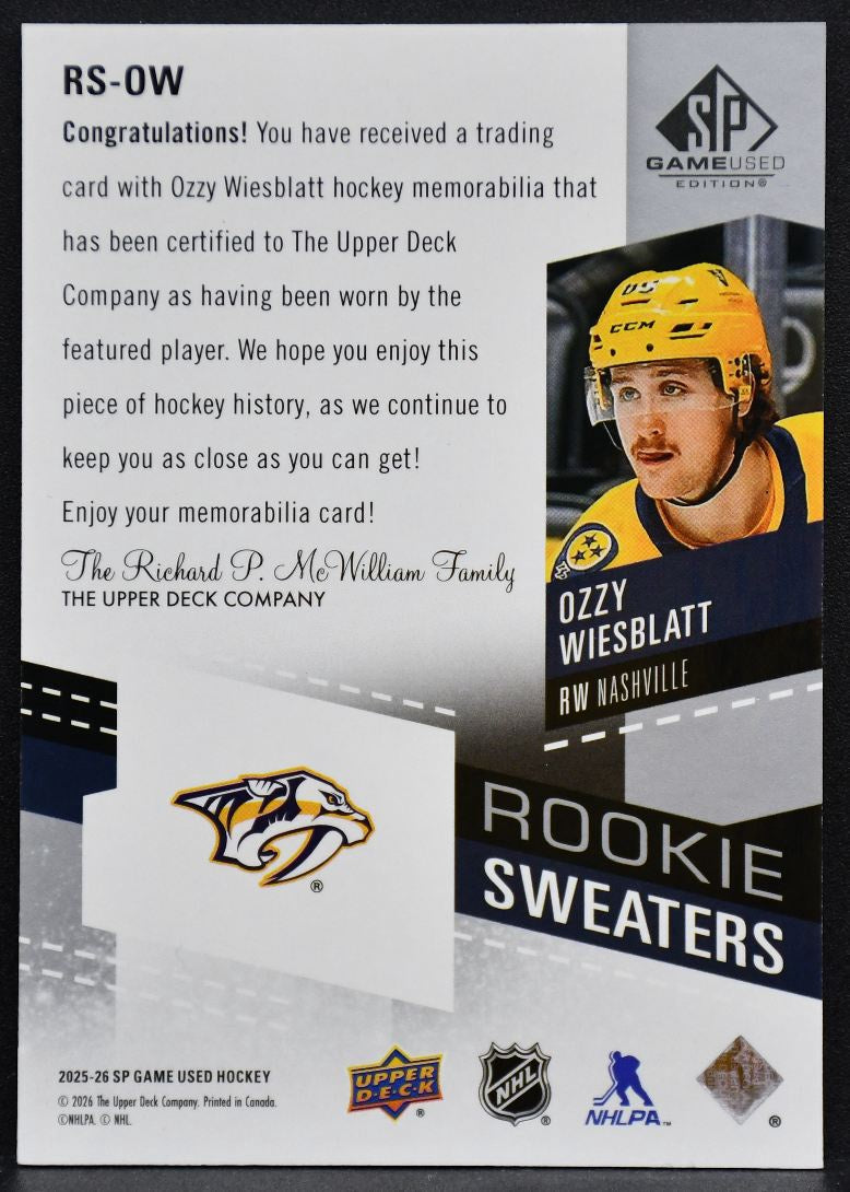 25-26 SP Game Used RC Sweaters Wiesblatt RS-OW Nashville Predators /299 Jersey 6720