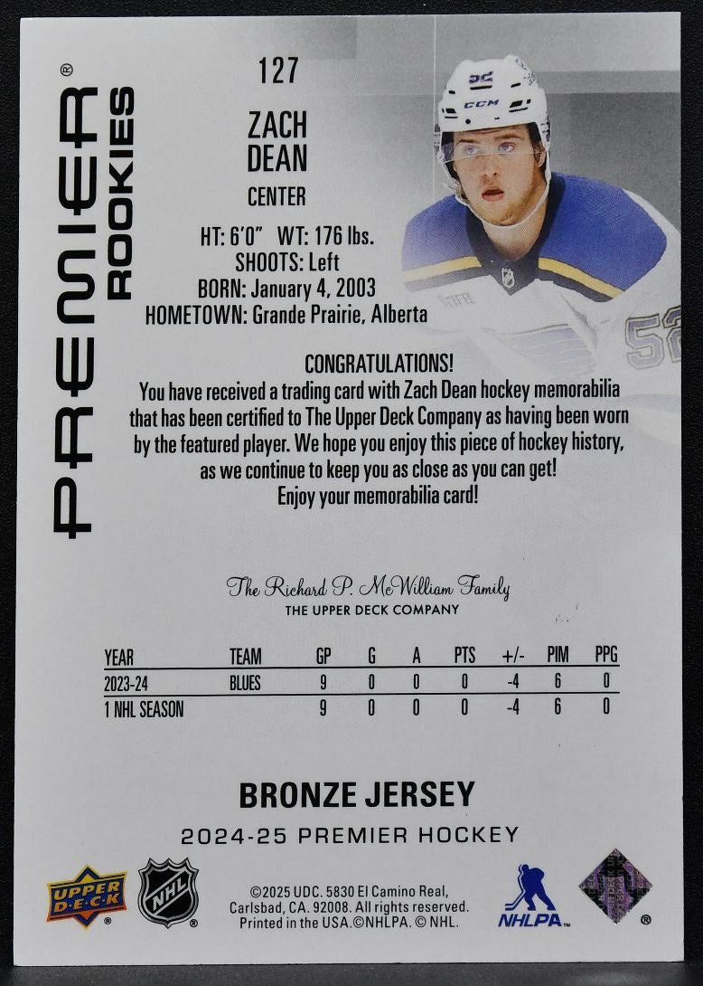 2024-25 UD Premier Rookies Bronze Jersey Zach Dean 127 St. Louis Blues RC Jersey 9492