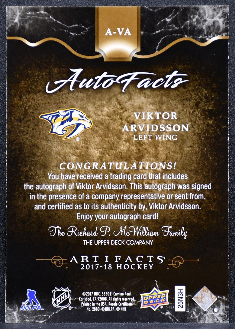 2017-18 Upper Deck Artifacts AutoFacts Viktor Arvidsson A-VA Predators Auto 7273