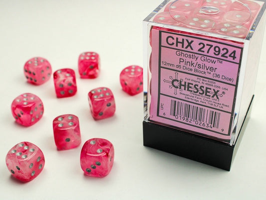 Ghostly Glow 36 * D6 Pink / Silver 12mm Chessex Dice (CHX27924)