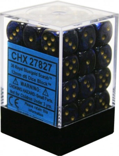 Scarab 36 * D6 Royal Blue / Gold 12mm Chessex Dice (CHX27827)
