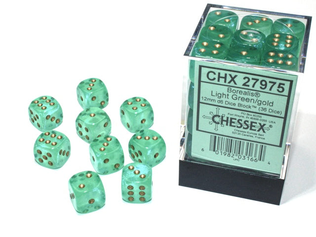 Borealis 36 * D6 Light Green / Gold 12mm Luminary Chessex Dice (CHX27975)