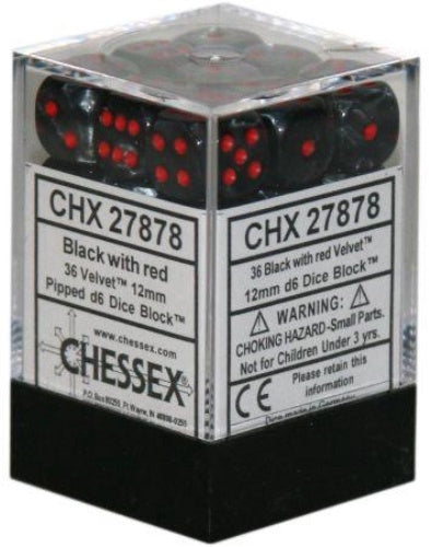 Velvet 36 * D6 Black / Red 12mm Chessex Dice (CHX27878)
