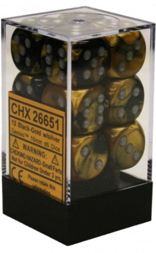 Gemini 12 * D6 Black-Gold / Silver 16mm Chessex Dice (CHX26651*)