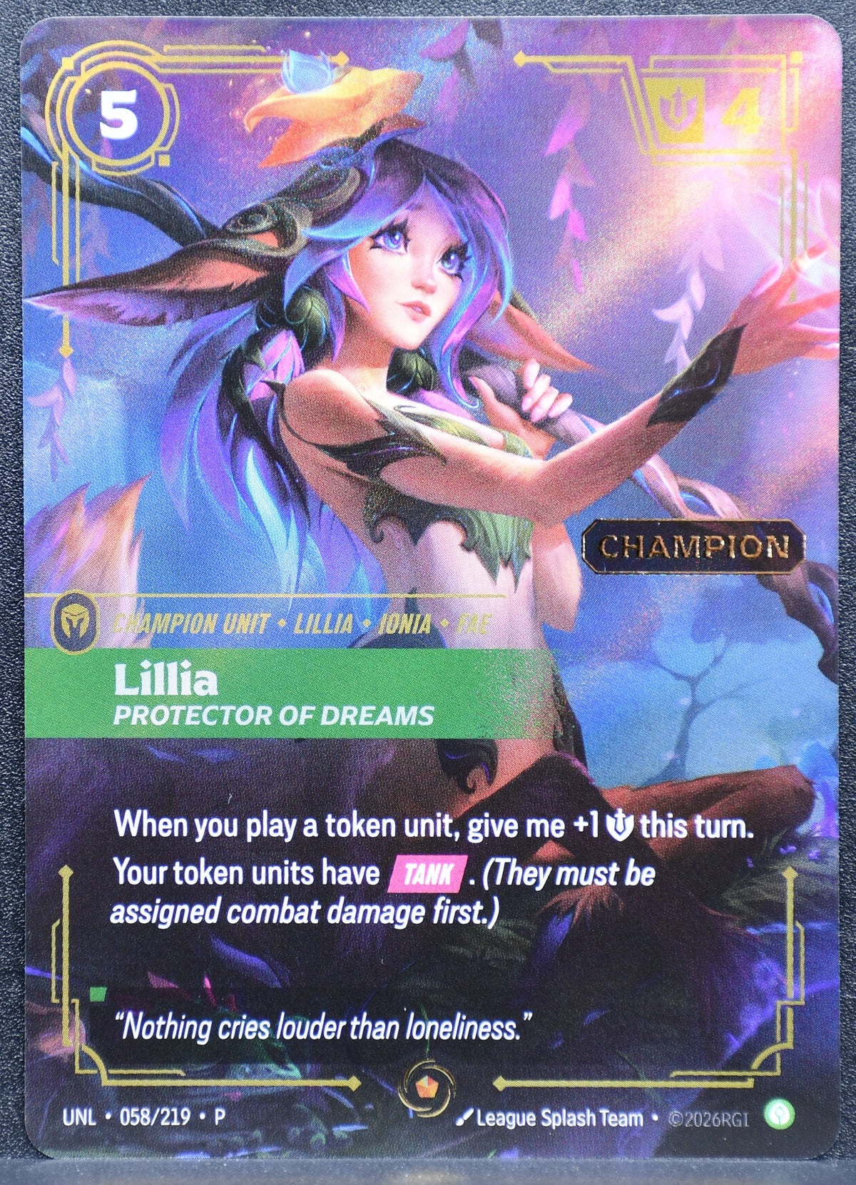 Riftbound Lillia, Protector of Dreams 058/219 Champion Promo Foil NM
