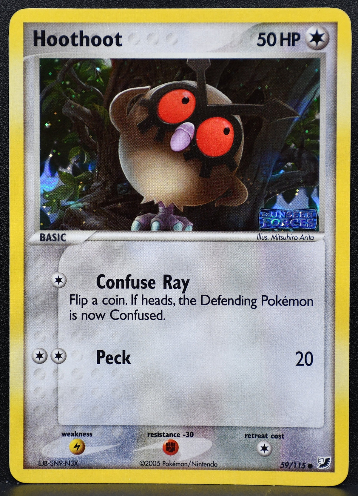 Pokemon TCG Hoothoot 59/115 Ex Unseen Forces Stamped Holo LP