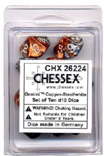 Gemini 10 * D10 Copper-Steel / White Chessex Dice (CHX26224)