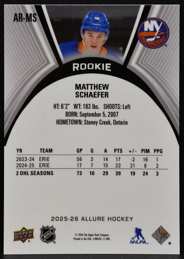 2025-26 Upper Deck Allure Rookie Matthew Schaefer AR-MS Islanders RC 4852
