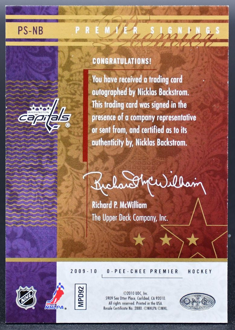 2009-10 OPC Premier Premier Signings Nicklas Backstrom PS-NB Auto 46/50