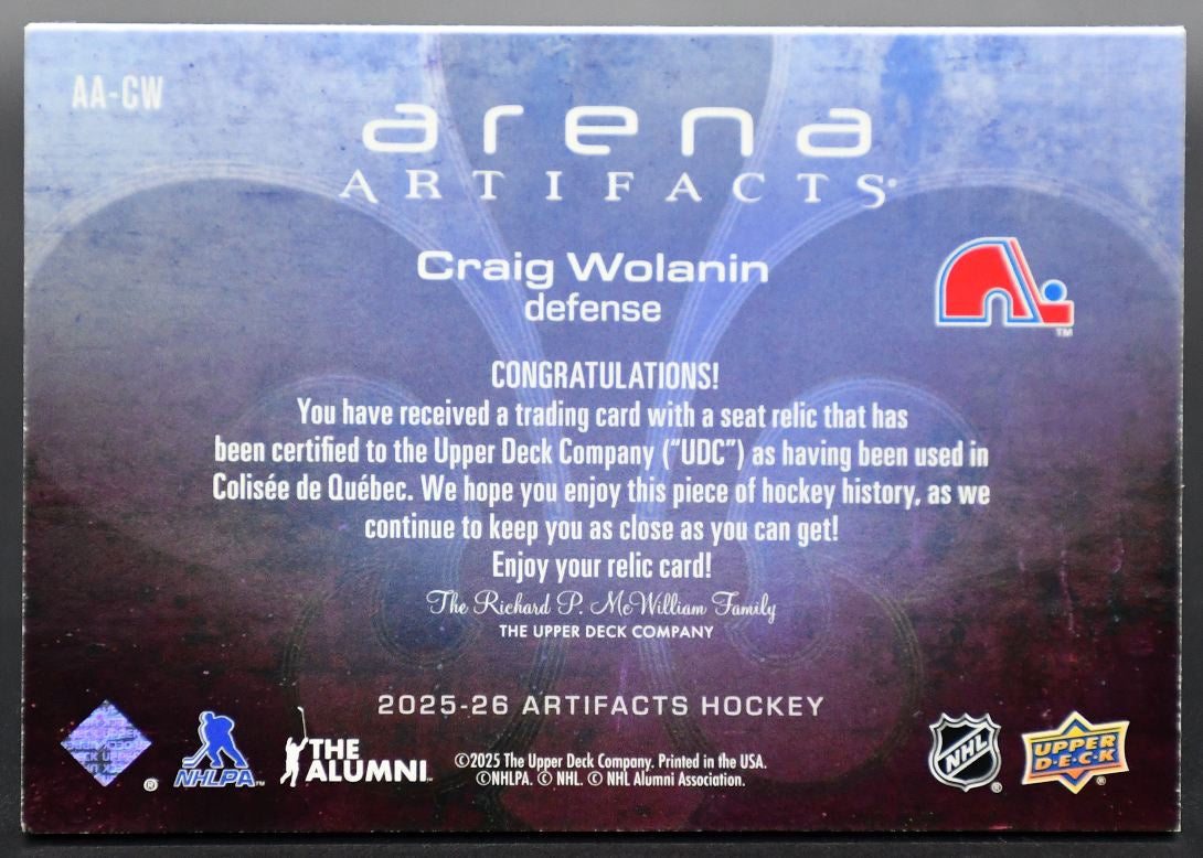 2025-26 UD Artifacts Craig Wolanin AA-CW Quebec Nordiques 27/67 Seat