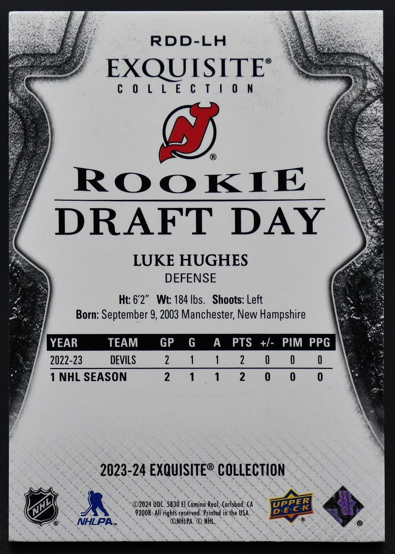 2023-24 UD Exquisite Collection Luke Hughes RDD-LH New Jersey Devils RC
