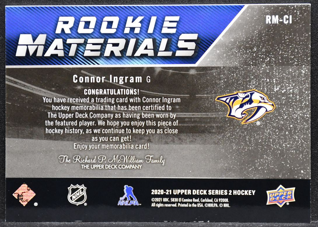 2020-21 UD Series 2 Rookie Materials Connor Ingram RM-CI RC Jersey