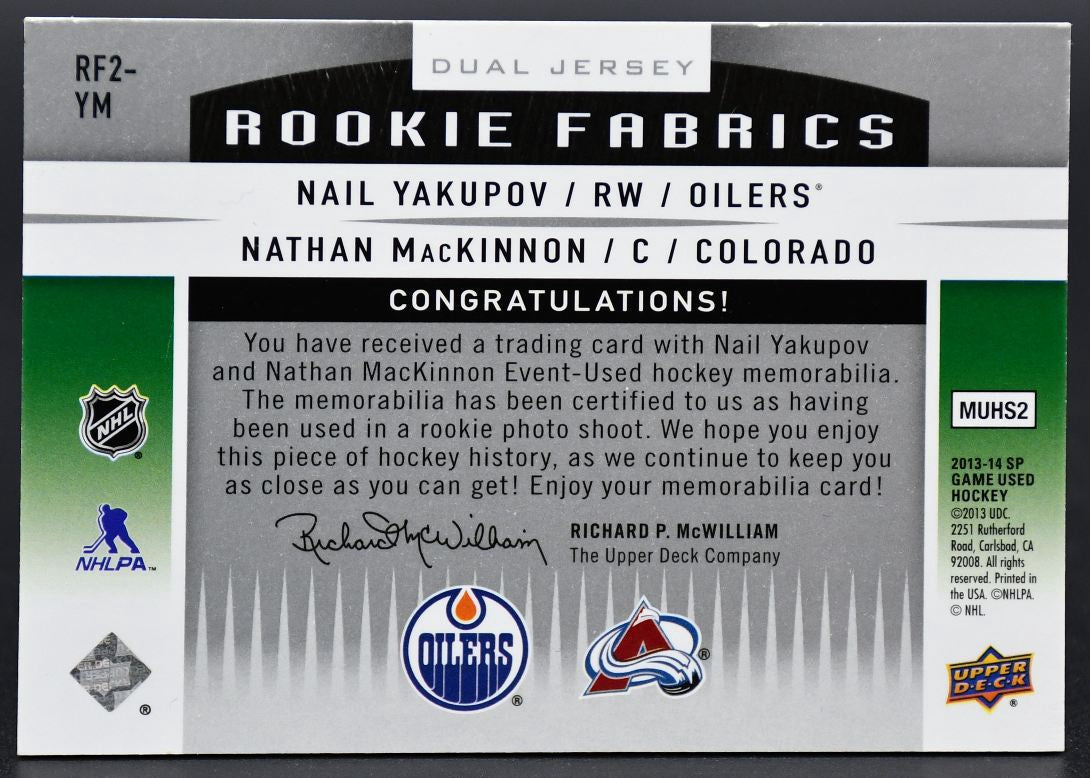2013-14 SP Game Used Dual Rookie Fabrics Yakupov/MacKinnon RF2-YM RC Jersey
