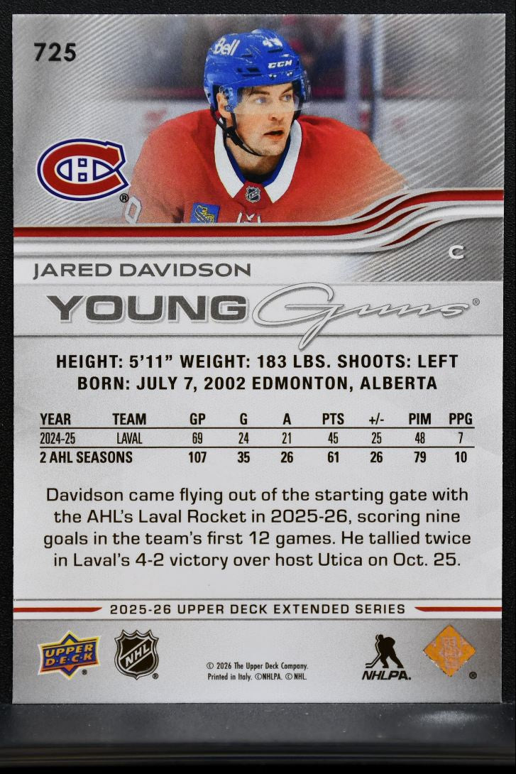 2025-26 Upper Deck Extended Series Young Guns Jared Davidson Canadiens RC 1433