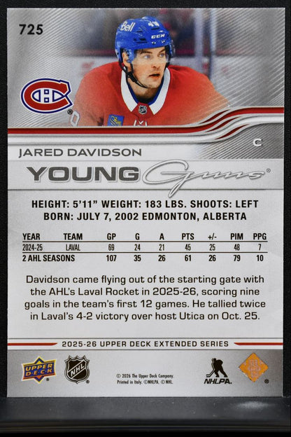 2025-26 Upper Deck Extended Series Young Guns Jared Davidson Canadiens RC 1433