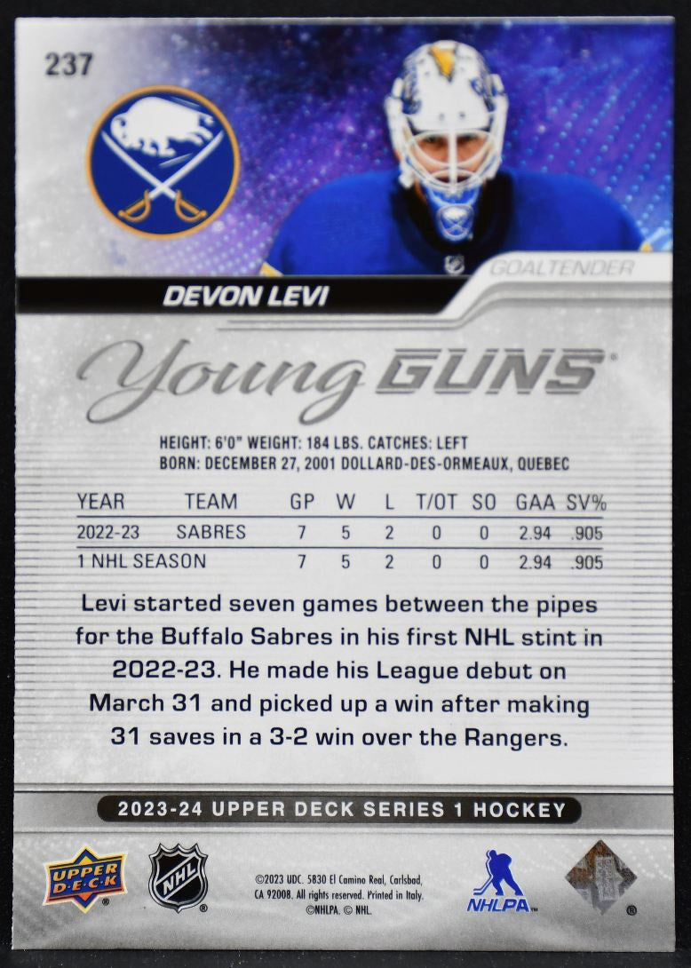 2023-24 Upper Deck Series 1 Young Guns Outburst Devon Levi 237 Sabres RC 4227