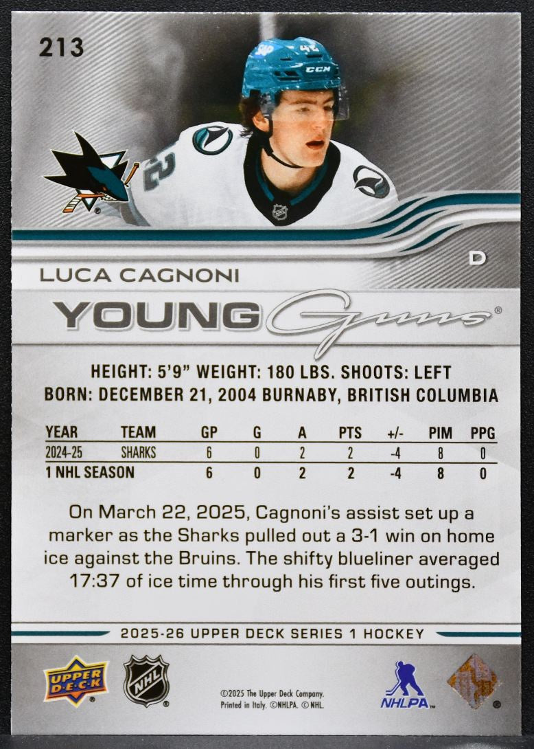 2025-26 Upper Deck Series 1 Young Guns Luca Cagnoni 213 San Jose Sharks RC 5985