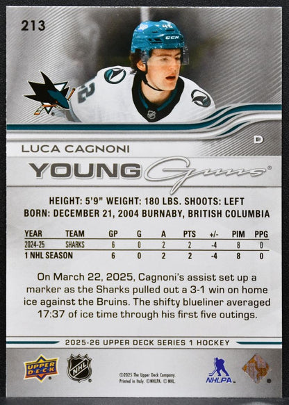 2025-26 Upper Deck Series 1 Young Guns Luca Cagnoni 213 San Jose Sharks RC 5985
