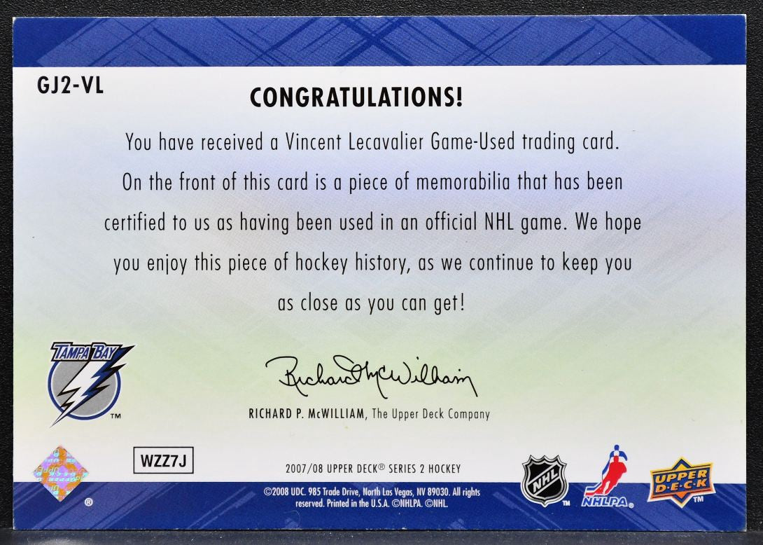 2007-08 UD Series 2 Game Jerseys Vincent Lecavalier GJ2-VL Lightning Jersey 3919